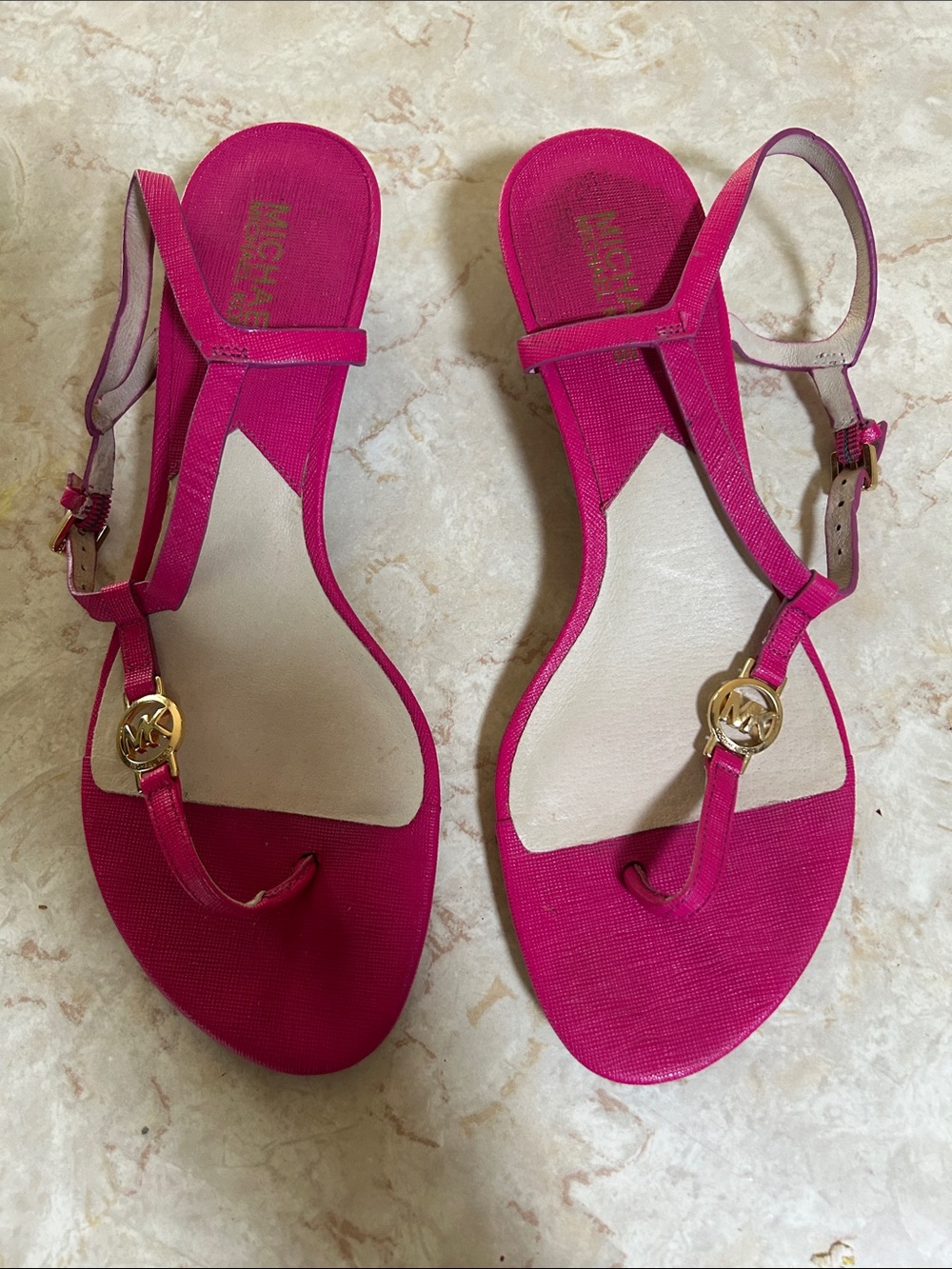 MICHAEL Michael Kors Hot Pink T-Strap Sandals with Gold Logo